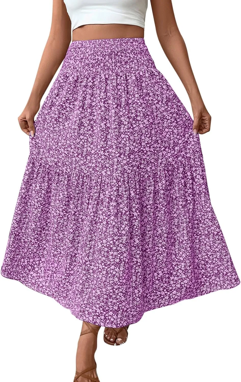 A-Line Layered Flowy Skirt for Women Summer Boho Floral Maxi Skirts Casual Trendy Swing Pleated Beach Long Skirts