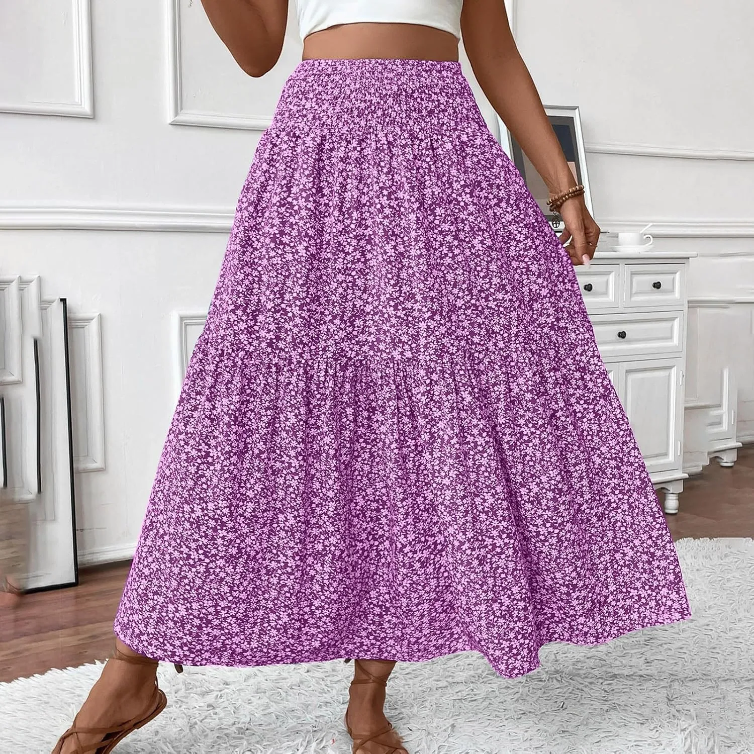 A-Line Layered Flowy Skirt for Women Summer Boho Floral Maxi Skirts Casual Trendy Swing Pleated Beach Long Skirts