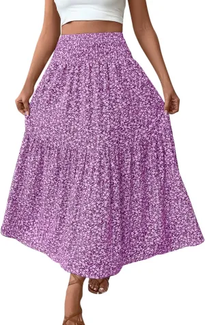 A-Line Layered Flowy Skirt for Women Summer Boho Floral Maxi Skirts Casual Trendy Swing Pleated Beach Long Skirts