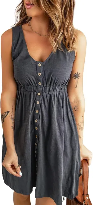 Acelitt Women Summer Casual Sleeveless Button Down Elastic Waist Swing Dresses, XS-2XL