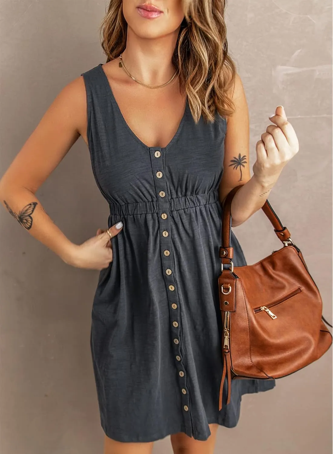Acelitt Women Summer Casual Sleeveless Button Down Elastic Waist Swing Dresses, XS-2XL