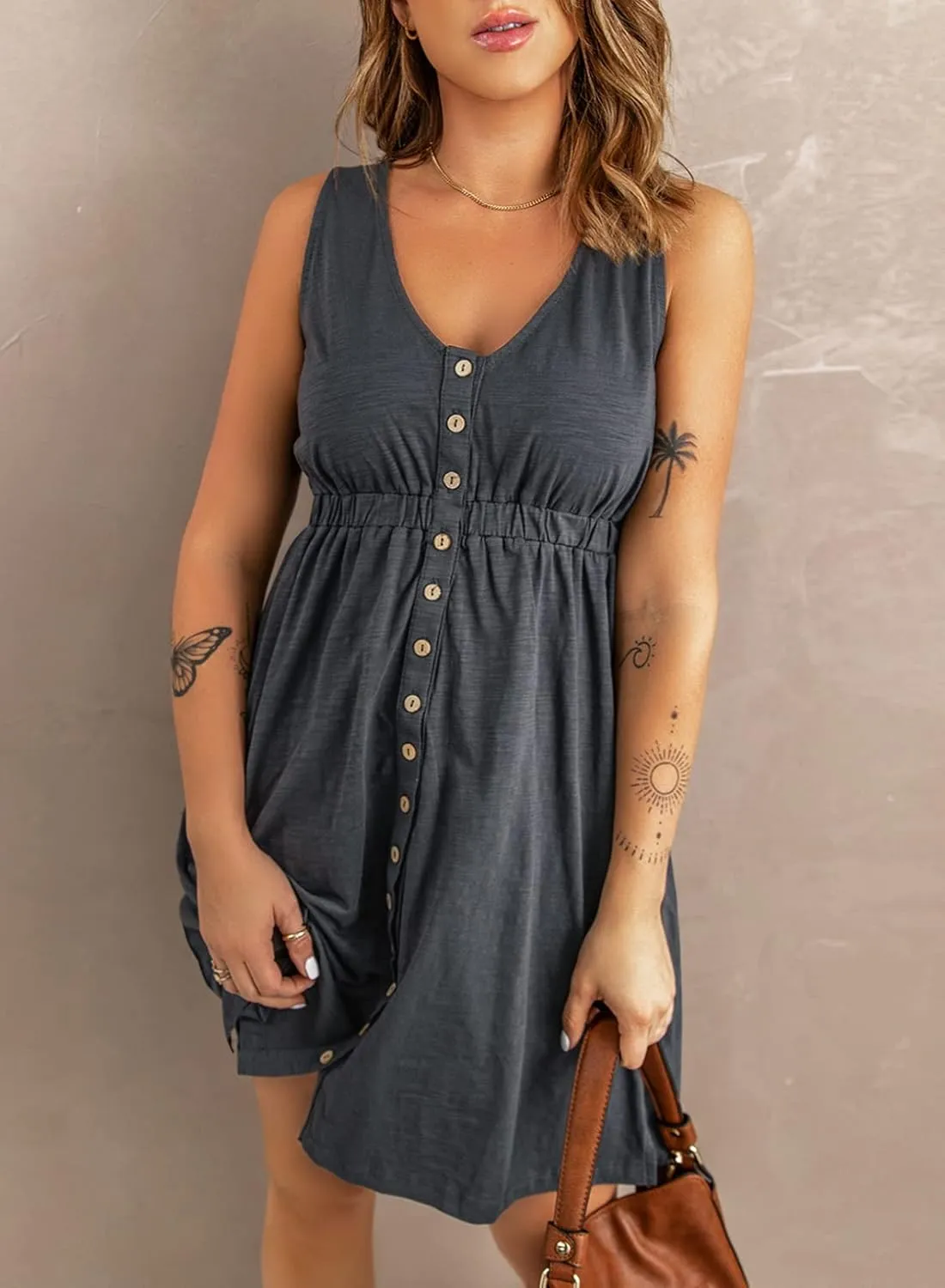 Acelitt Women Summer Casual Sleeveless Button Down Elastic Waist Swing Dresses, XS-2XL