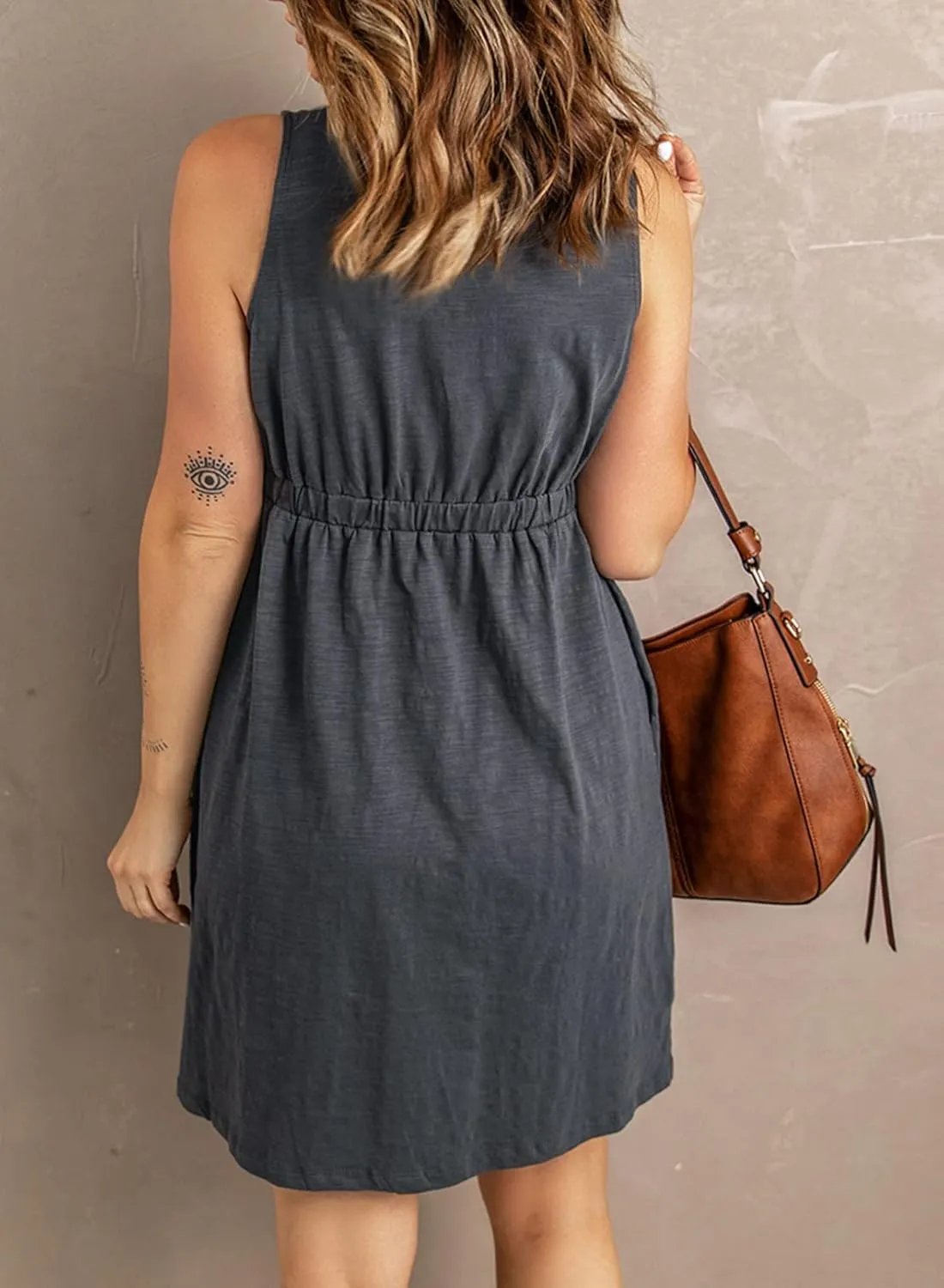 Acelitt Women Summer Casual Sleeveless Button Down Elastic Waist Swing Dresses, XS-2XL