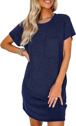 Acelitt Womens Casual Summer Crewneck Short Sleeve Ribbed Mini Tshirt Dress, XS-3XL