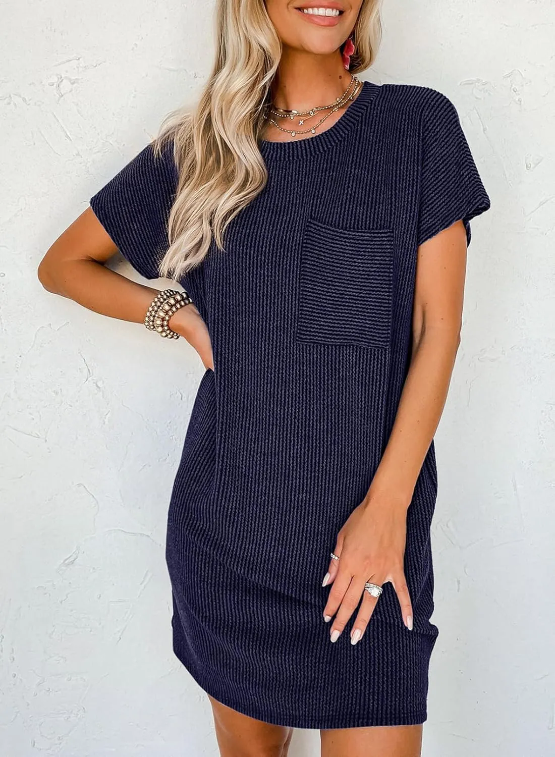 Acelitt Womens Casual Summer Crewneck Short Sleeve Ribbed Mini Tshirt Dress, XS-3XL