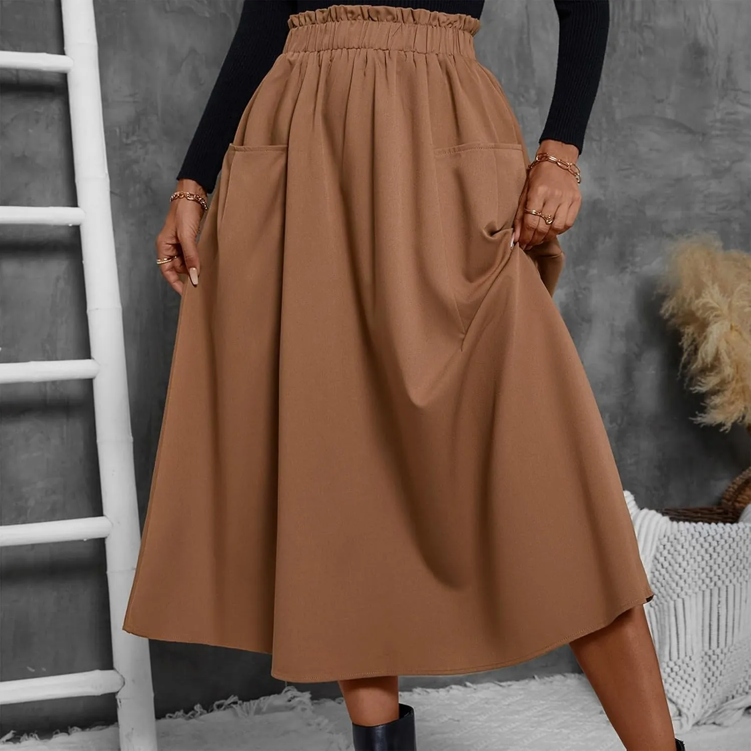 ADHOWBEW Boho Skirts for Women Casual Elastic Waist Flowy High Waist Cotton Smocked Bohemian Sexy Trendy Skirts