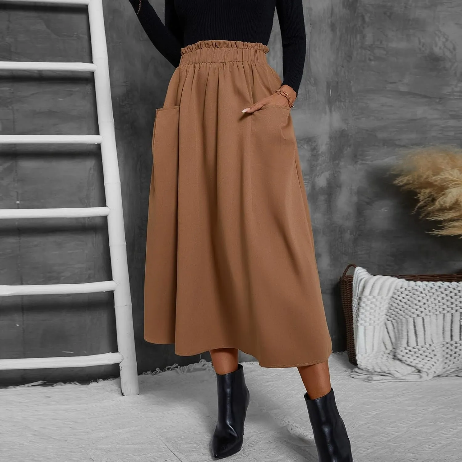 ADHOWBEW Boho Skirts for Women Casual Elastic Waist Flowy High Waist Cotton Smocked Bohemian Sexy Trendy Skirts