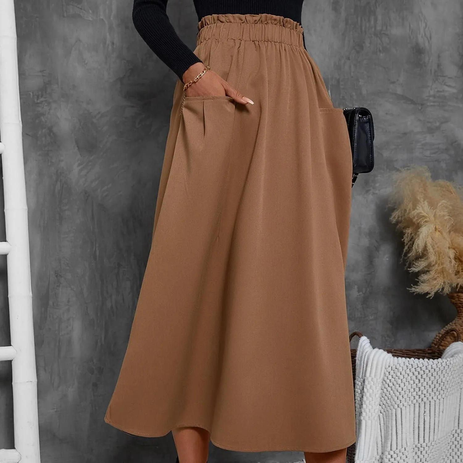 ADHOWBEW Boho Skirts for Women Casual Elastic Waist Flowy High Waist Cotton Smocked Bohemian Sexy Trendy Skirts