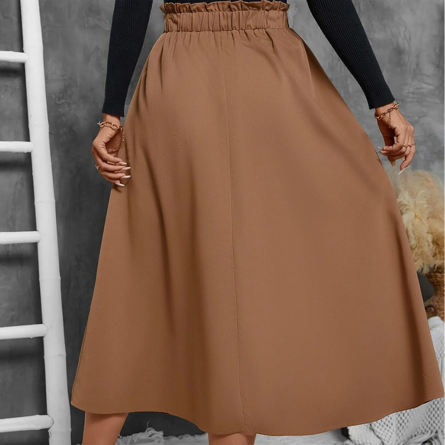 ADHOWBEW Boho Skirts for Women Casual Elastic Waist Flowy High Waist Cotton Smocked Bohemian Sexy Trendy Skirts