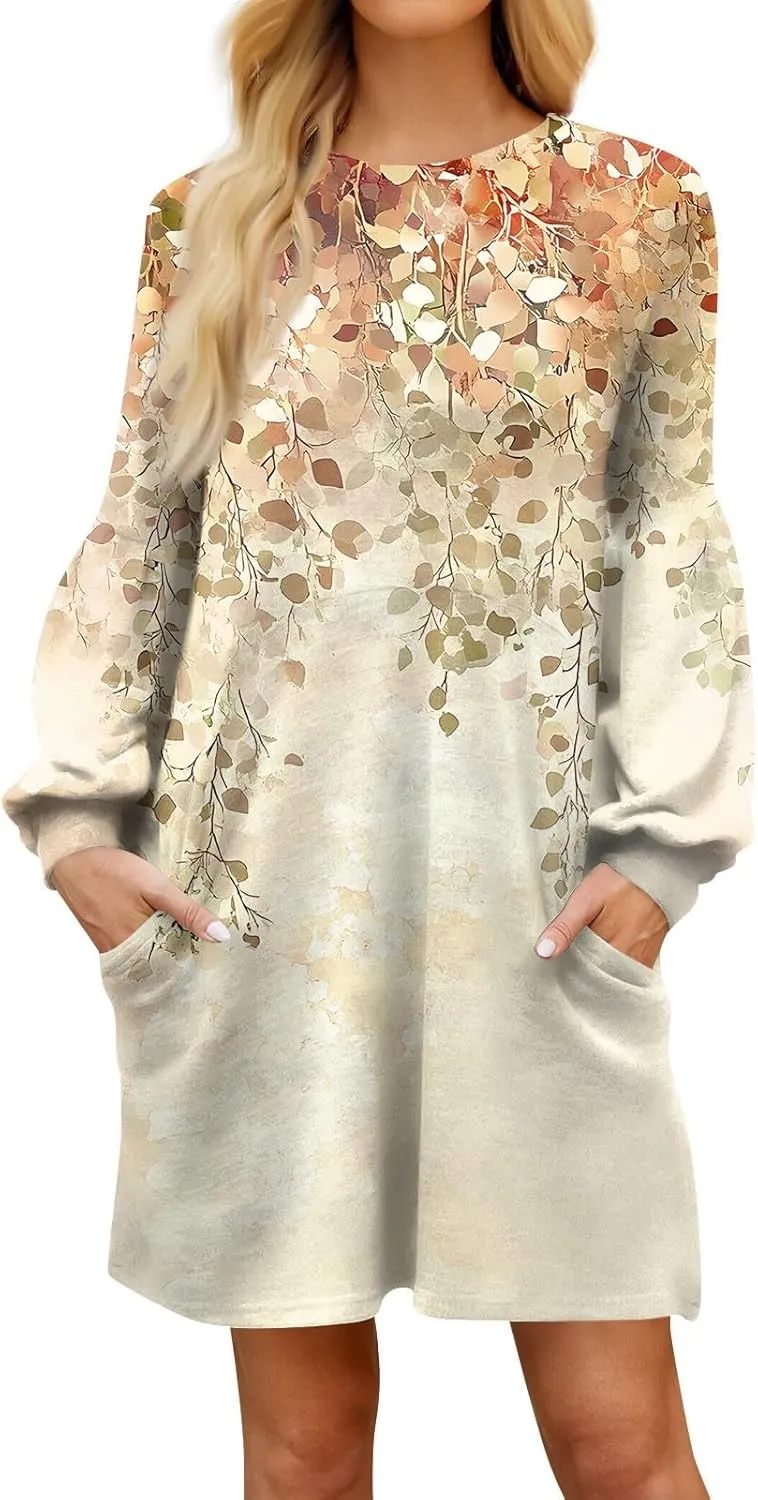 ADHOWBEW Dresses for Women 2025 Round Neck Sexy Plus Size Casual Trendy Long Sleeve Work Dress Long Sleeve