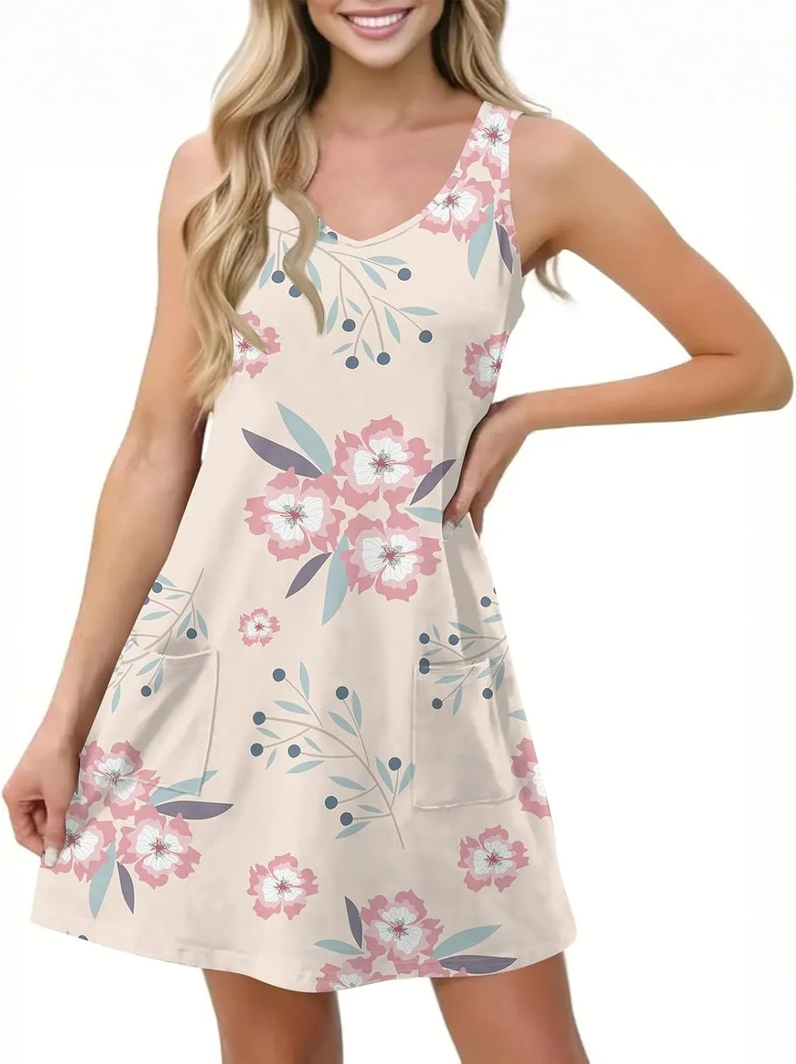 ADHOWBEW Womens Spring Dress Hawaiian V Neck Loose Fit Tropical Print Sexy Casual Comfy Trendy Cute Sleeveless Tank Dresses