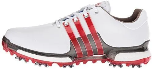 adidas Men's TOUR 360 2.0 Golf Shoe, White/Scarlet/Dark Silver Metallic, 11 M US