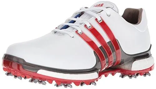 adidas Men's TOUR 360 2.0 Golf Shoe, White/Scarlet/Dark Silver Metallic, 11 M US