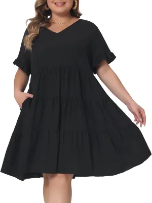 Agnes Orinda Plus Size Dresses for Women V Neck Ruffle Sleeve with Pockets Swing A Line Tiered Dress