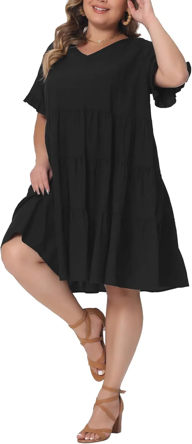 Agnes Orinda Plus Size Dresses for Women V Neck Ruffle Sleeve with Pockets Swing A Line Tiered Dress
