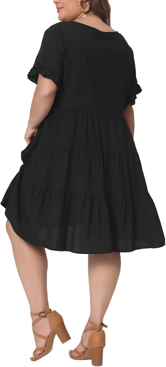 Agnes Orinda Plus Size Dresses for Women V Neck Ruffle Sleeve with Pockets Swing A Line Tiered Dress