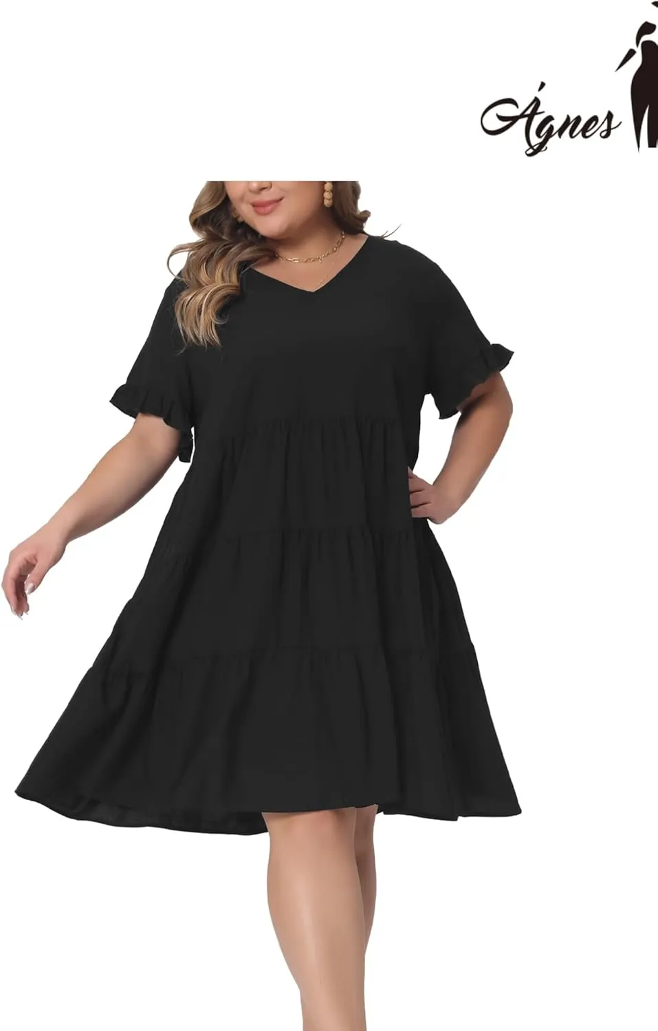 Agnes Orinda Plus Size Dresses for Women V Neck Ruffle Sleeve with Pockets Swing A Line Tiered Dress