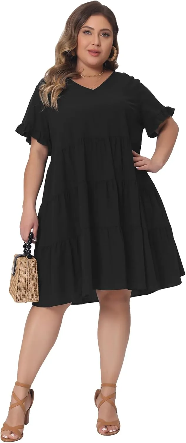 Agnes Orinda Plus Size Dresses for Women V Neck Ruffle Sleeve with Pockets Swing A Line Tiered Dress