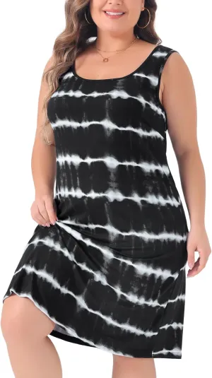 Agnes Orinda Plus Size Tie Dye Sleeveless Summer Dresses for Women Beach Tshirt Sundress Casual Loose Tank Dress