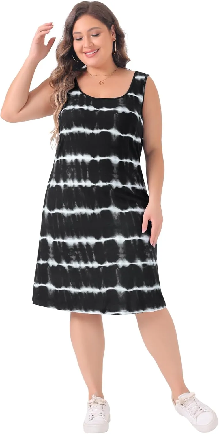 Agnes Orinda Plus Size Tie Dye Sleeveless Summer Dresses for Women Beach Tshirt Sundress Casual Loose Tank Dress