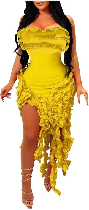 Akklian Womens Summer Ruffle Fringe Mini Dress Sexy Backless Irregular Ruffle Cocktail Dress Bodycon Tassel Party Dresses