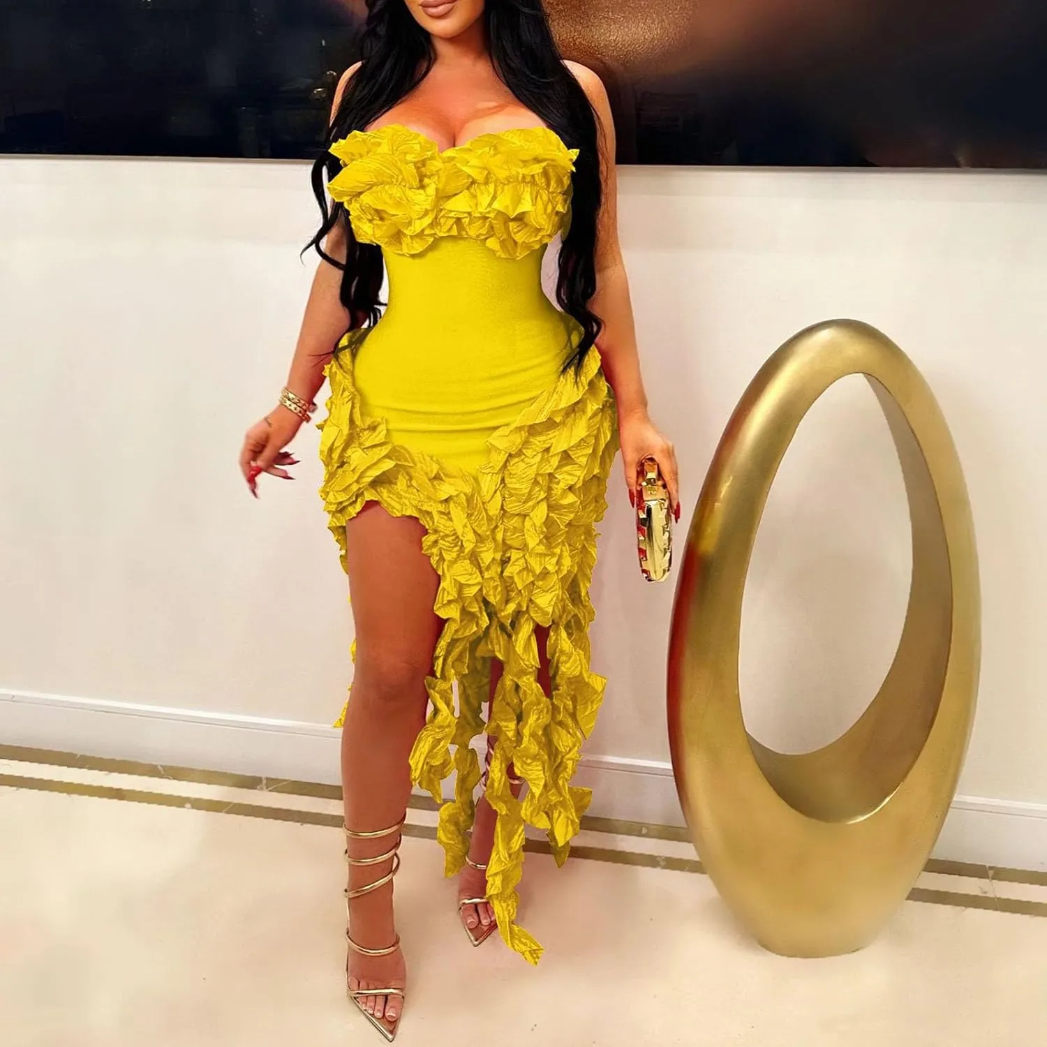 Akklian Womens Summer Ruffle Fringe Mini Dress Sexy Backless Irregular Ruffle Cocktail Dress Bodycon Tassel Party Dresses