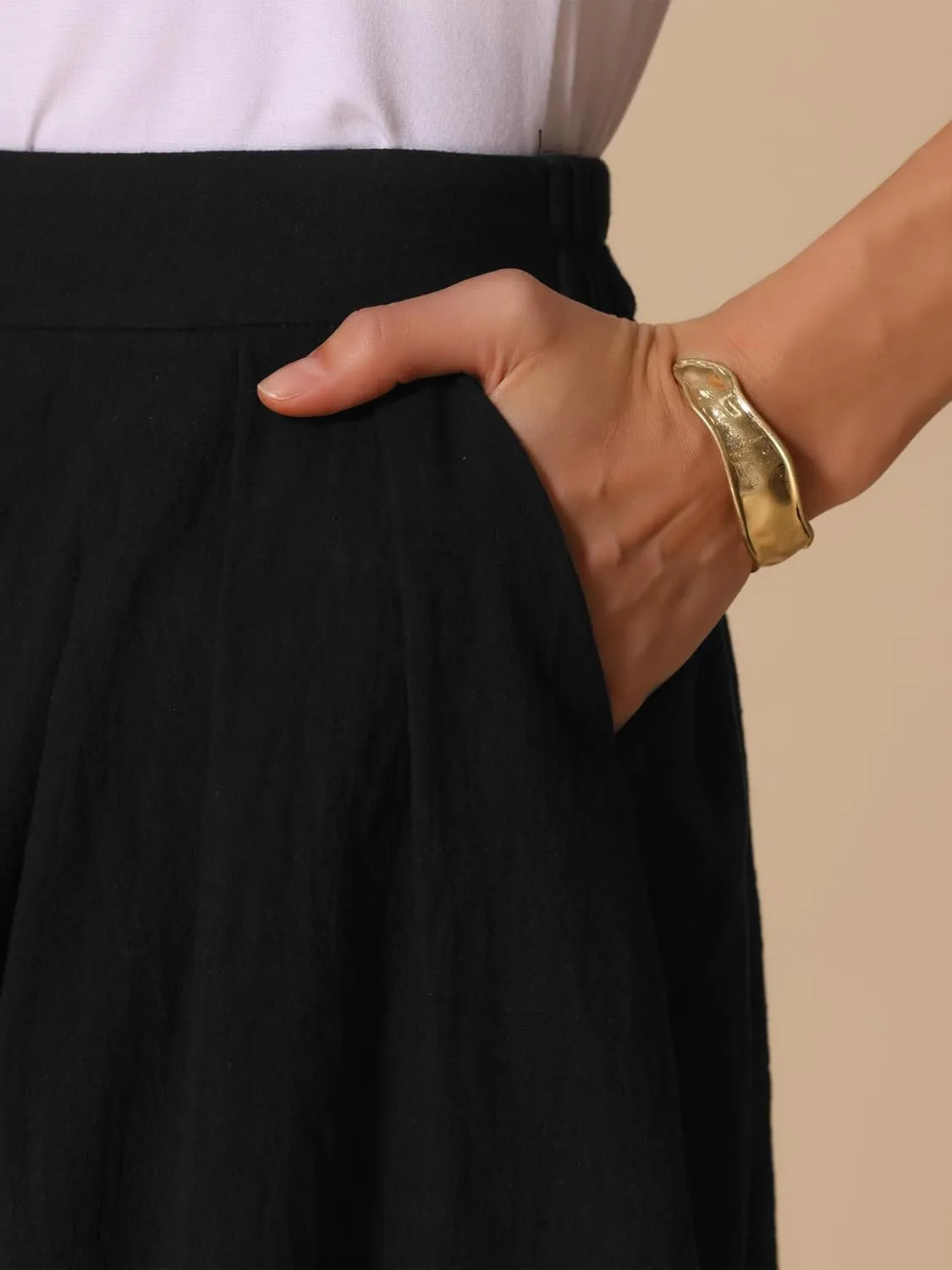 Allegra K Cotton Midi Skirt for Women's Summer Casual Button Decor Elastic Waist A-Line Skirts with Pocket