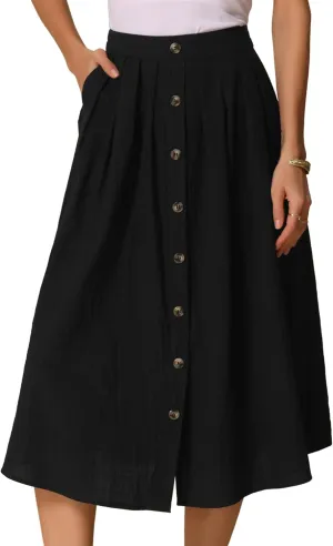 Allegra K Cotton Midi Skirt for Women's Summer Casual Button Decor Elastic Waist A-Line Skirts with Pocket