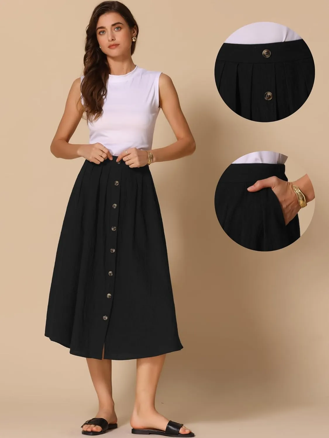 Allegra K Cotton Midi Skirt for Women's Summer Casual Button Decor Elastic Waist A-Line Skirts with Pocket