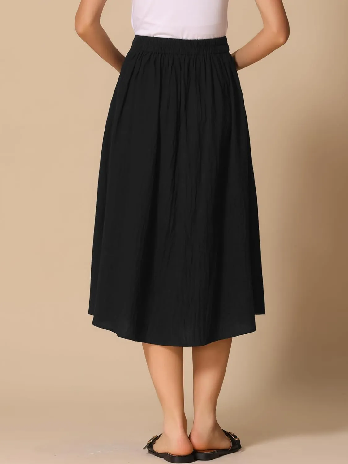 Allegra K Cotton Midi Skirt for Women's Summer Casual Button Decor Elastic Waist A-Line Skirts with Pocket