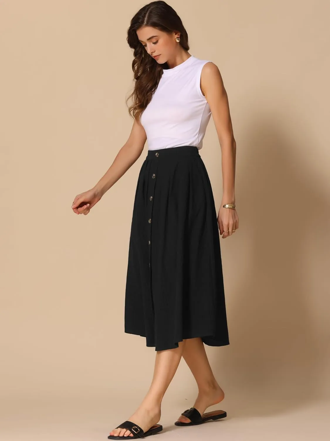 Allegra K Cotton Midi Skirt for Women's Summer Casual Button Decor Elastic Waist A-Line Skirts with Pocket