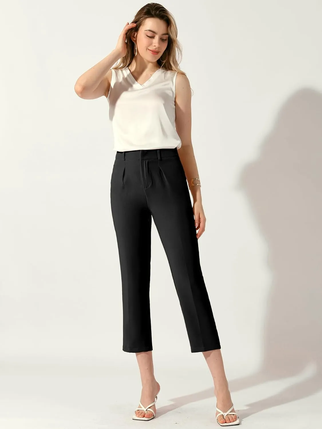 Allegra K High Waisted Dress Pants for Women's Work Business Casual Slacks Cropped Trousers Tapered Pants