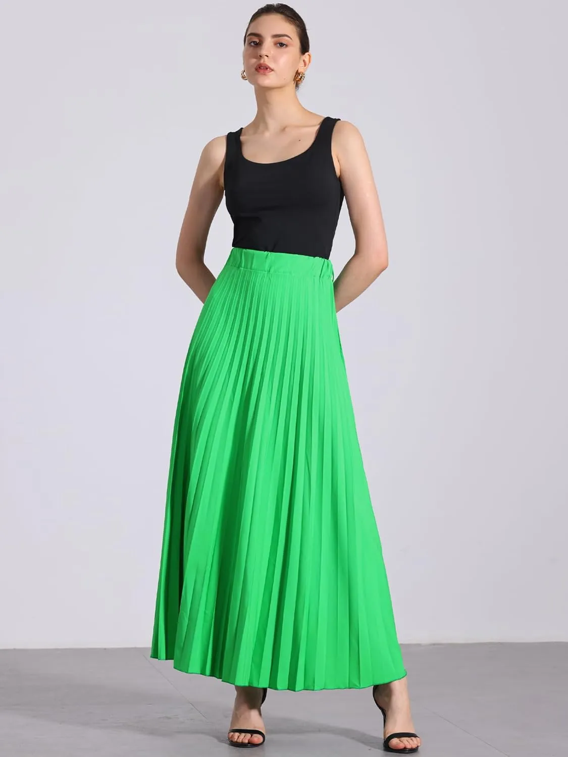 Allegra K Long Pleated Skirt for Women's Elastic High Waist with Belt Swing A-line Work Maxi Skirt