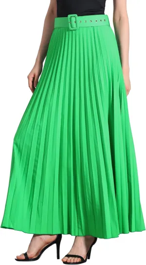 Allegra K Long Pleated Skirt for Women's Elastic High Waist with Belt Swing A-line Work Maxi Skirt
