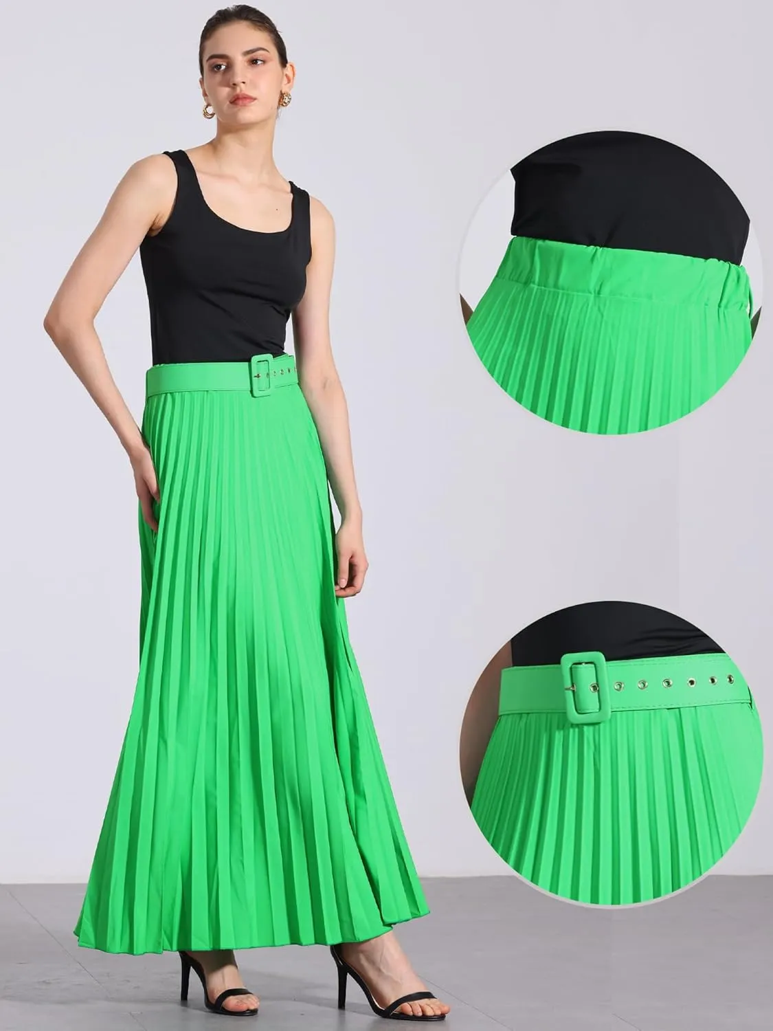 Allegra K Long Pleated Skirt for Women's Elastic High Waist with Belt Swing A-line Work Maxi Skirt