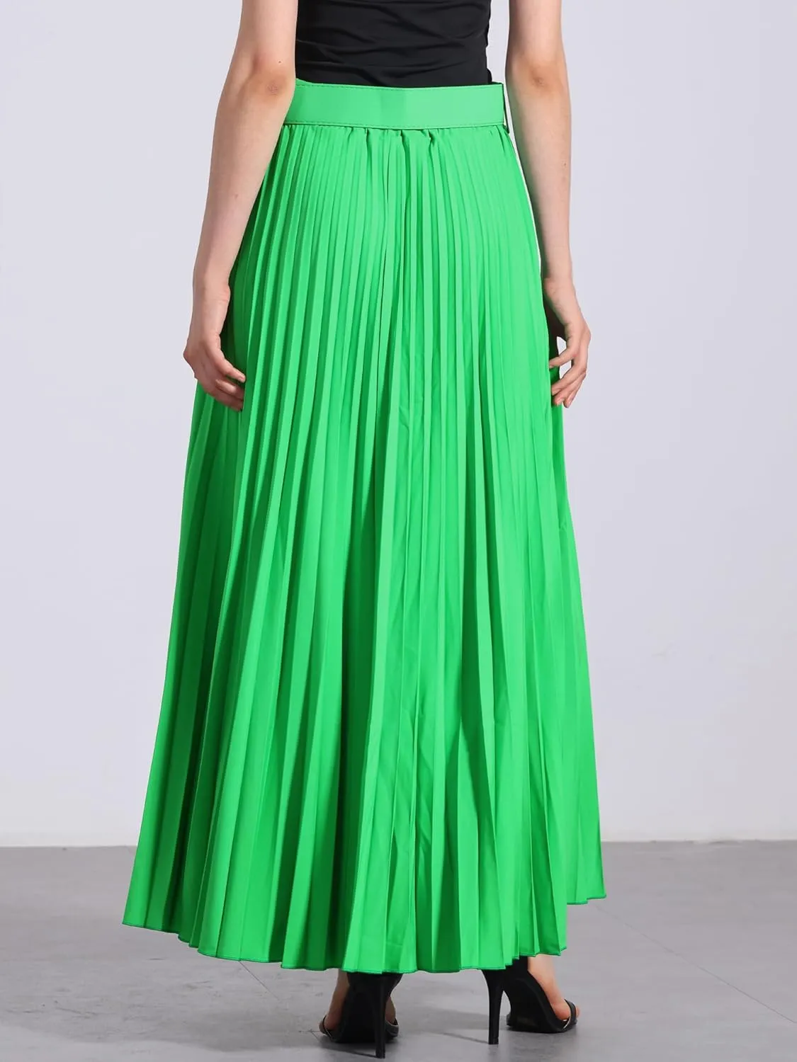 Allegra K Long Pleated Skirt for Women's Elastic High Waist with Belt Swing A-line Work Maxi Skirt