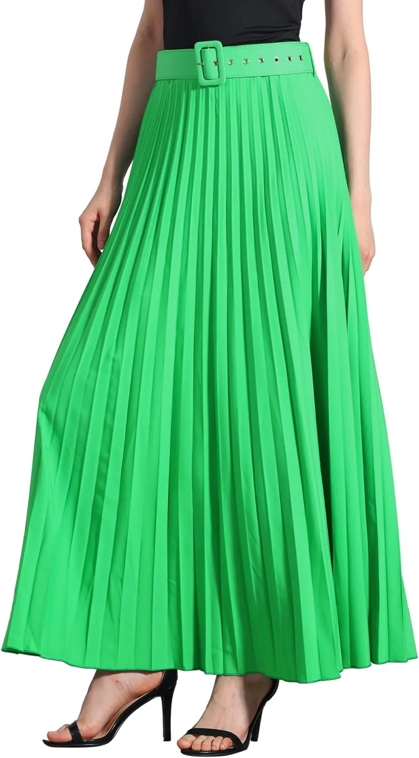 Allegra K Long Pleated Skirt for Women's Elastic High Waist with Belt Swing A-line Work Maxi Skirt