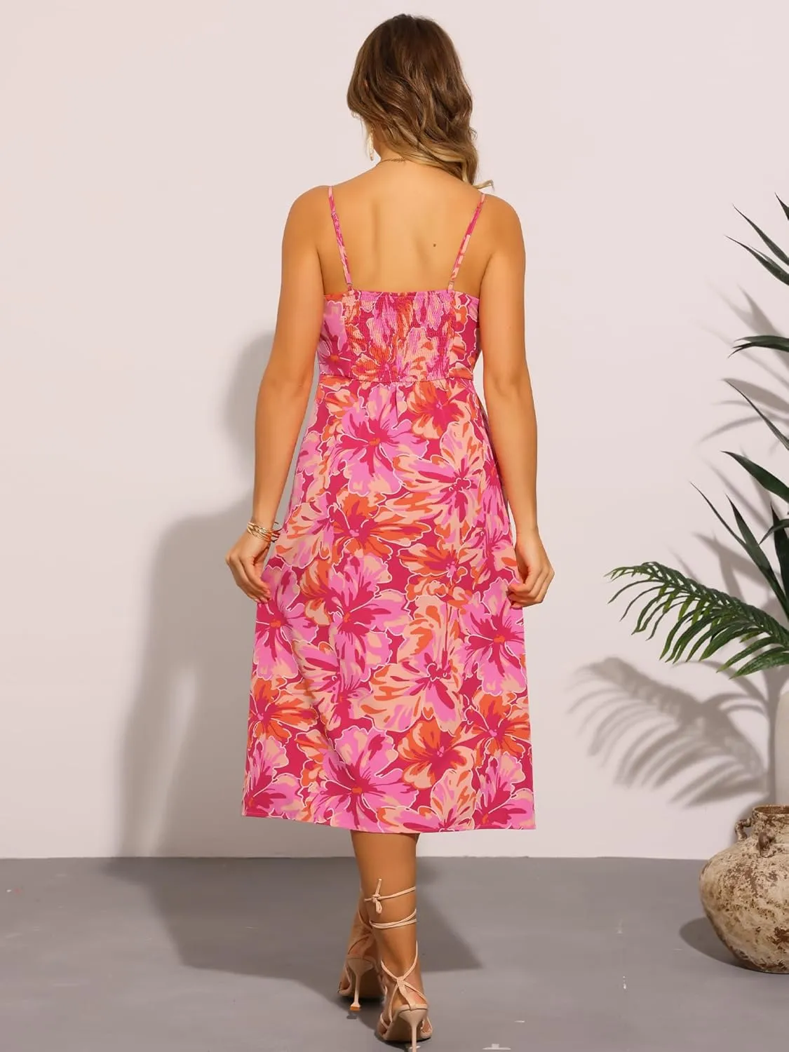 Allegra K Summer Floral Dress for Women's Casual Spaghetti Strap Smocked Square Neck Boho Beach Midi Sundress