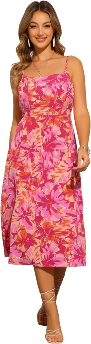 Allegra K Summer Floral Dress for Women's Casual Spaghetti Strap Smocked Square Neck Boho Beach Midi Sundress