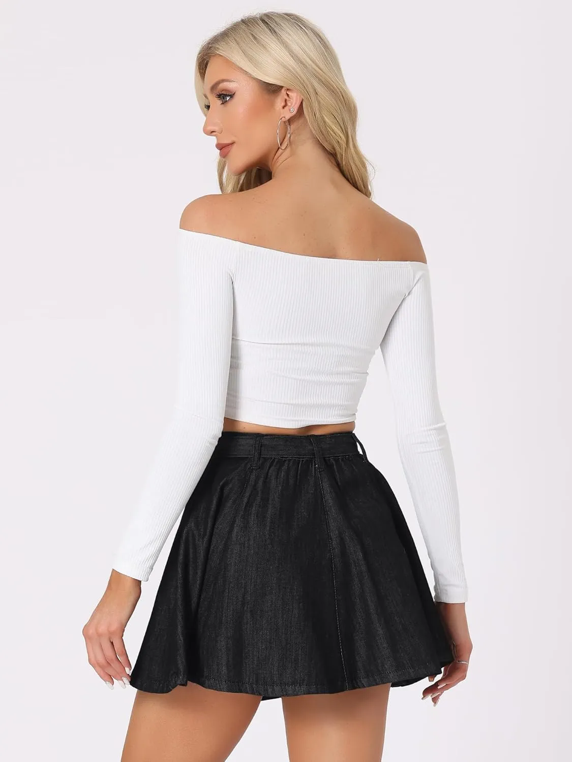 Allegra K Women's Casual Denim Skirt High Waist A-Line Flared Mini Jean Skirts with Belt