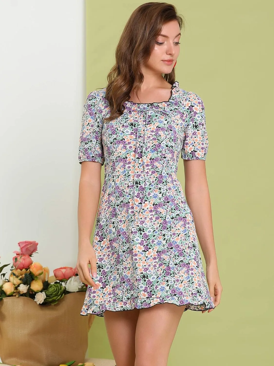 Allegra K Women's Floral Dress Ruffle Square Neck Summer Mini Dresses