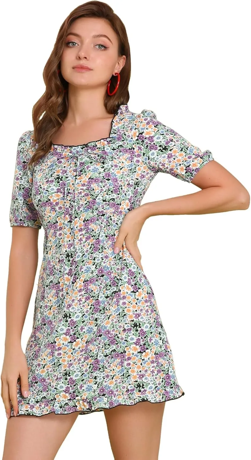 Allegra K Women's Floral Dress Ruffle Square Neck Summer Mini Dresses