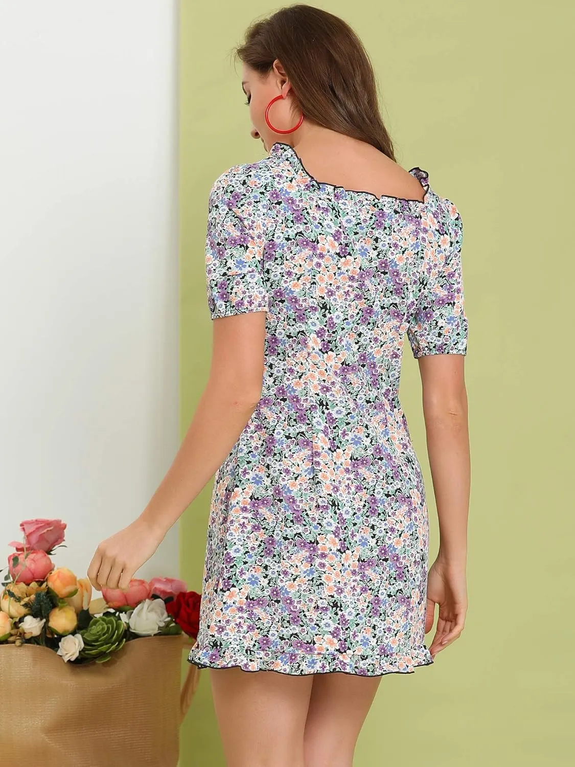Allegra K Women's Floral Dress Ruffle Square Neck Summer Mini Dresses