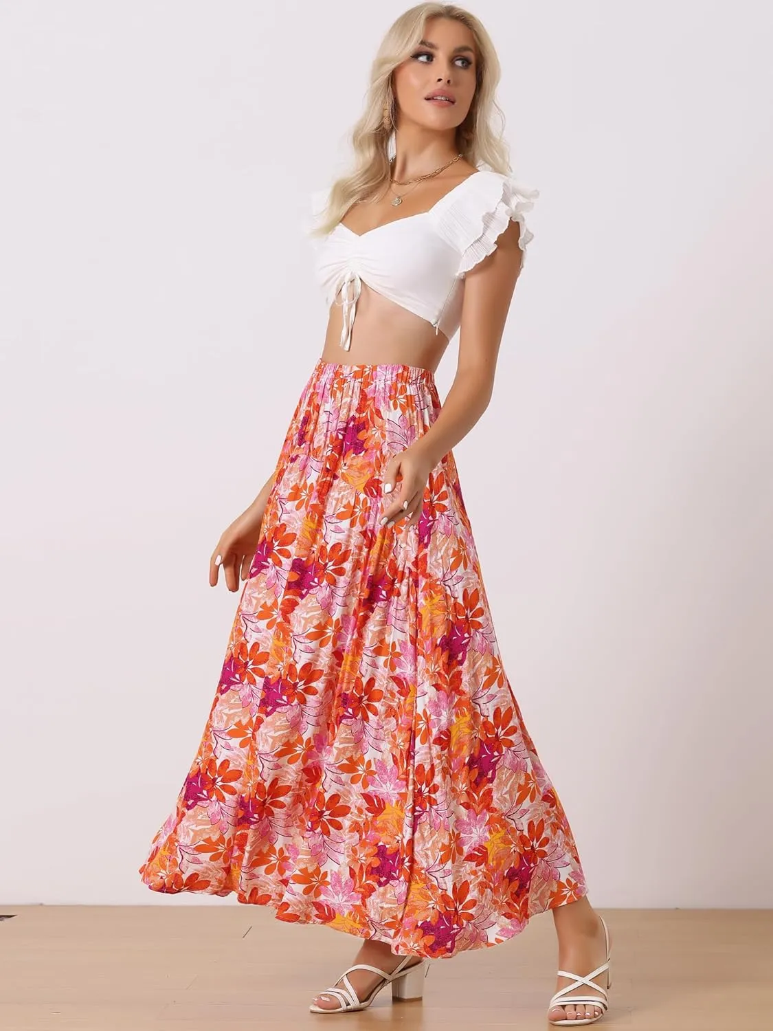 Allegra K Women's Floral Skirt Elastic High Waist Bohemian Beach A-line Maxi Boho Skirts