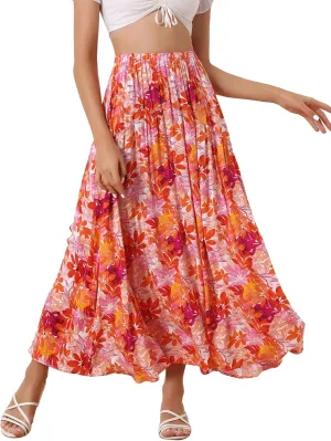 Allegra K Women's Floral Skirt Elastic High Waist Bohemian Beach A-line Maxi Boho Skirts