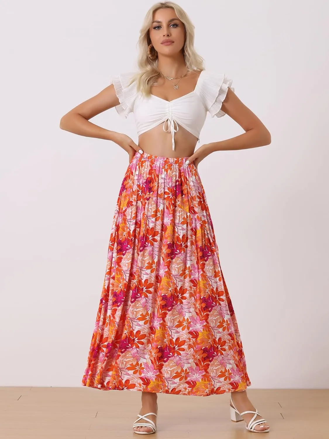 Allegra K Women's Floral Skirt Elastic High Waist Bohemian Beach A-line Maxi Boho Skirts