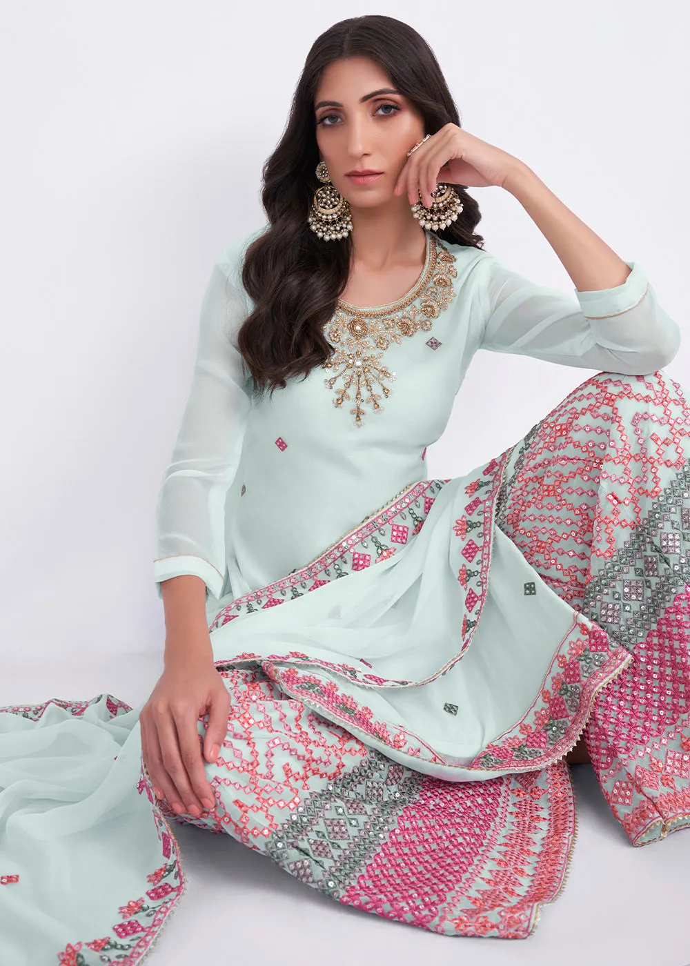Arctic Blue Designer Georgette Embroidered Suit