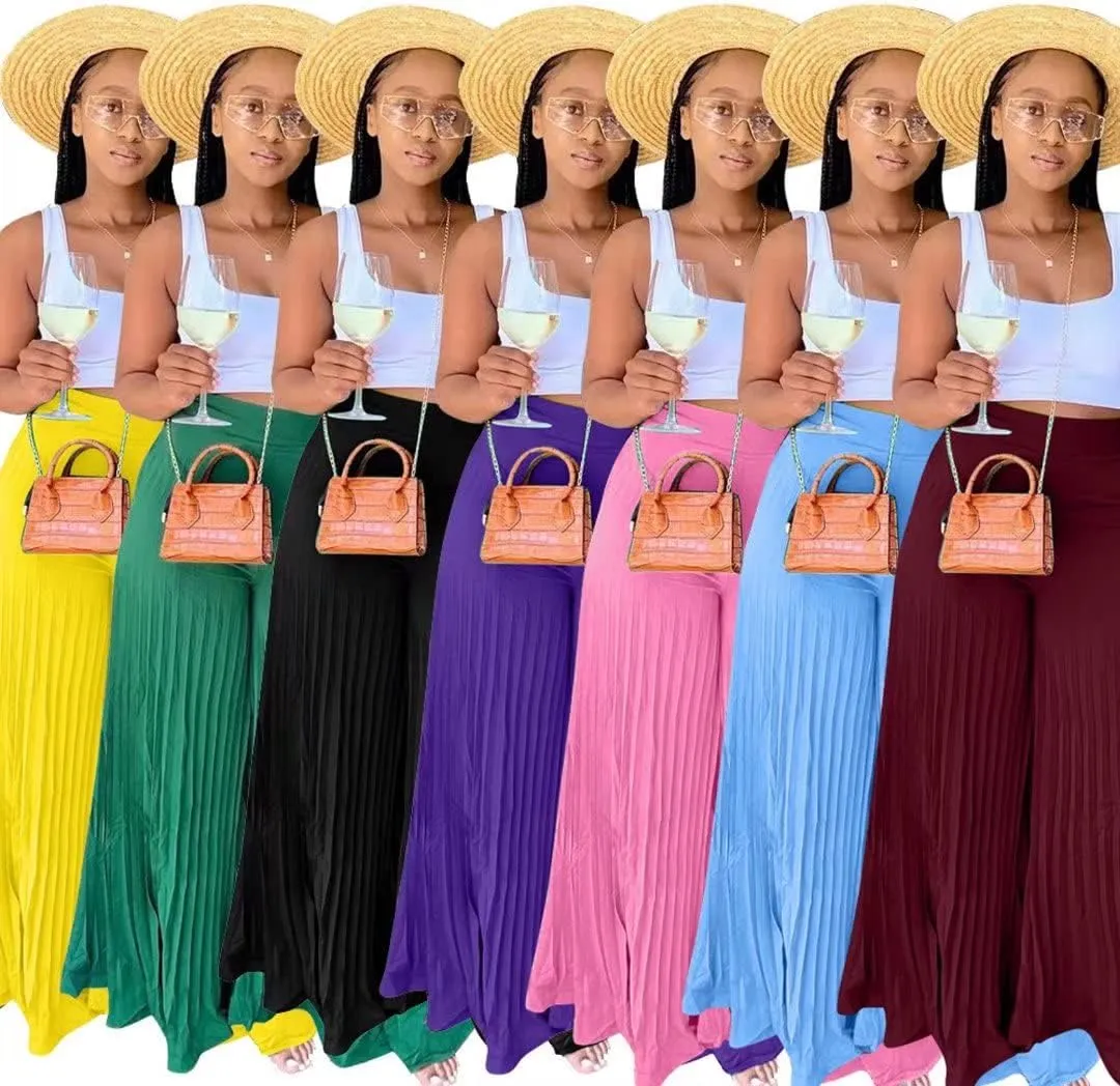 Aro Lora Womens High Waist Casual Pleated Wide Leg Long Palazzo Pants Trousers