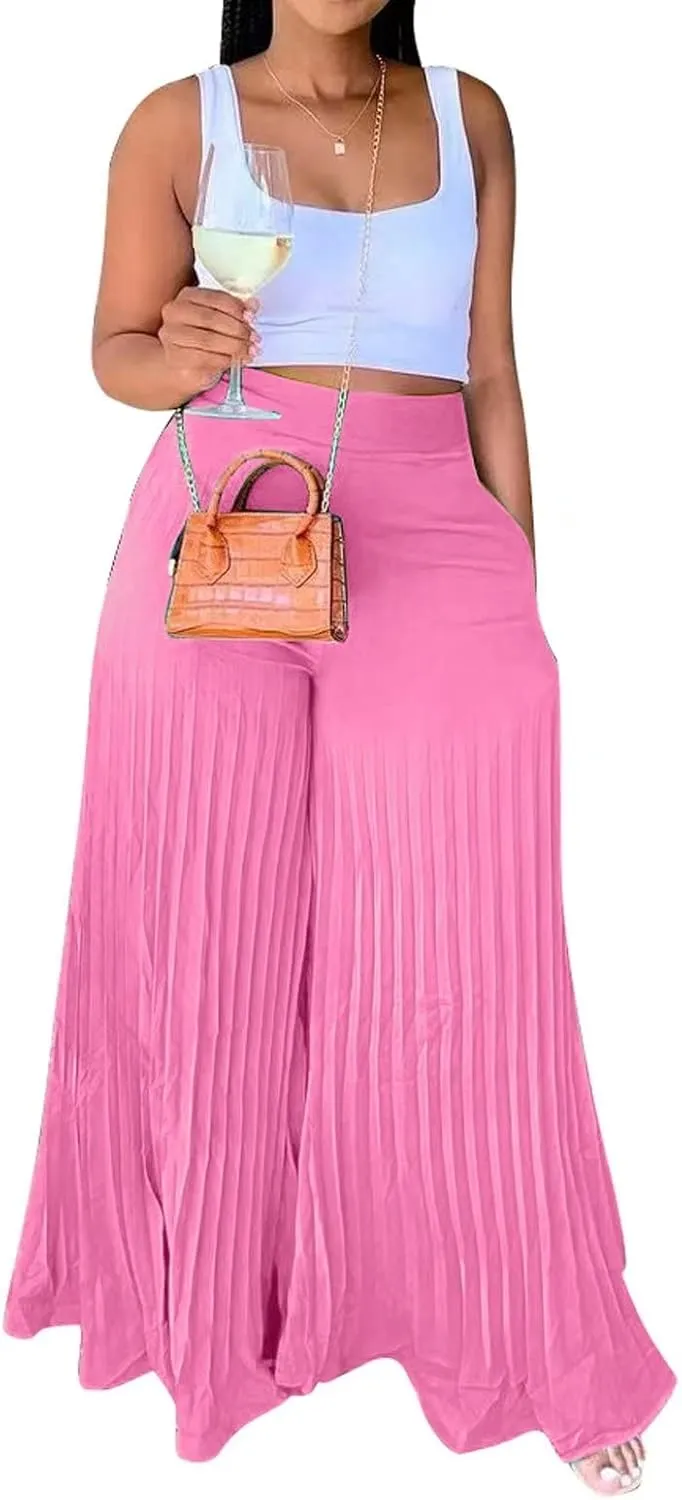 Aro Lora Womens High Waist Casual Pleated Wide Leg Long Palazzo Pants Trousers