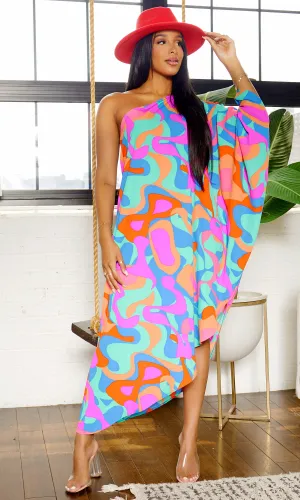 Asymmetrical One Sleeve Dress - Multi- MINT